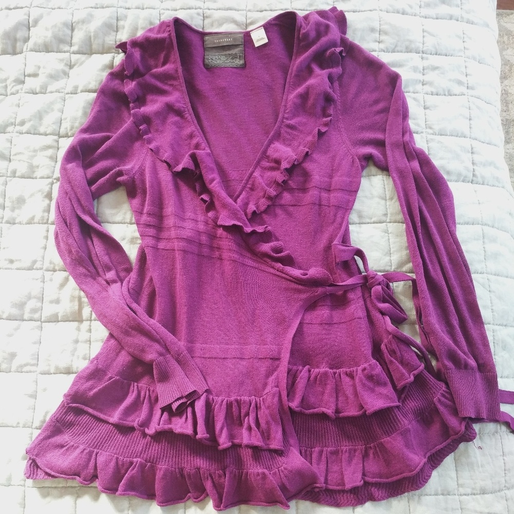 Anthropologie Purple Ruffled Wrap Cadigan